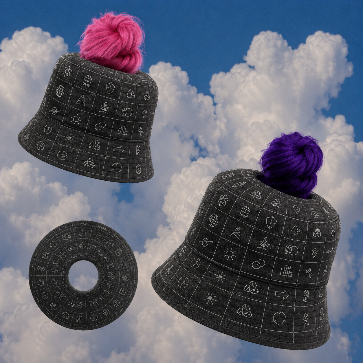 HolyHats in charcoal ocean-net nylon, top-knots out