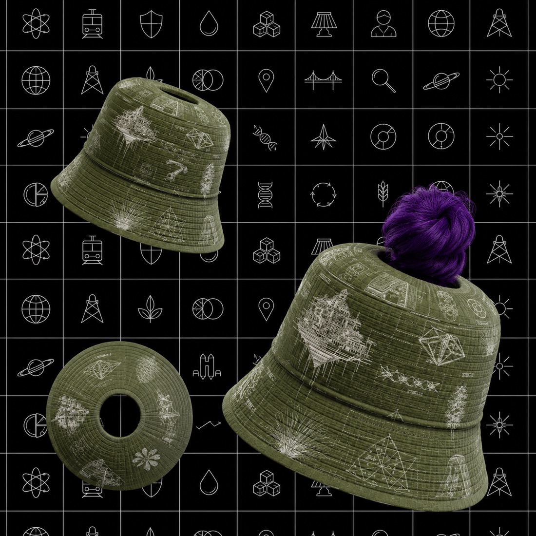The HolyHat design โ Edge blueprint grid on ocean-net nylon